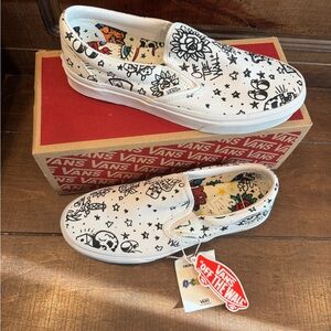 Vans Tattoo Slip On Sneaker Skate Shoes Mens 7 Womens 8.5 Black White Canvas Nib